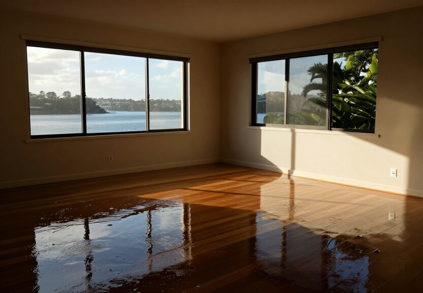 Flooded garage in Ramsgate Beach with standing water and damaged belongings